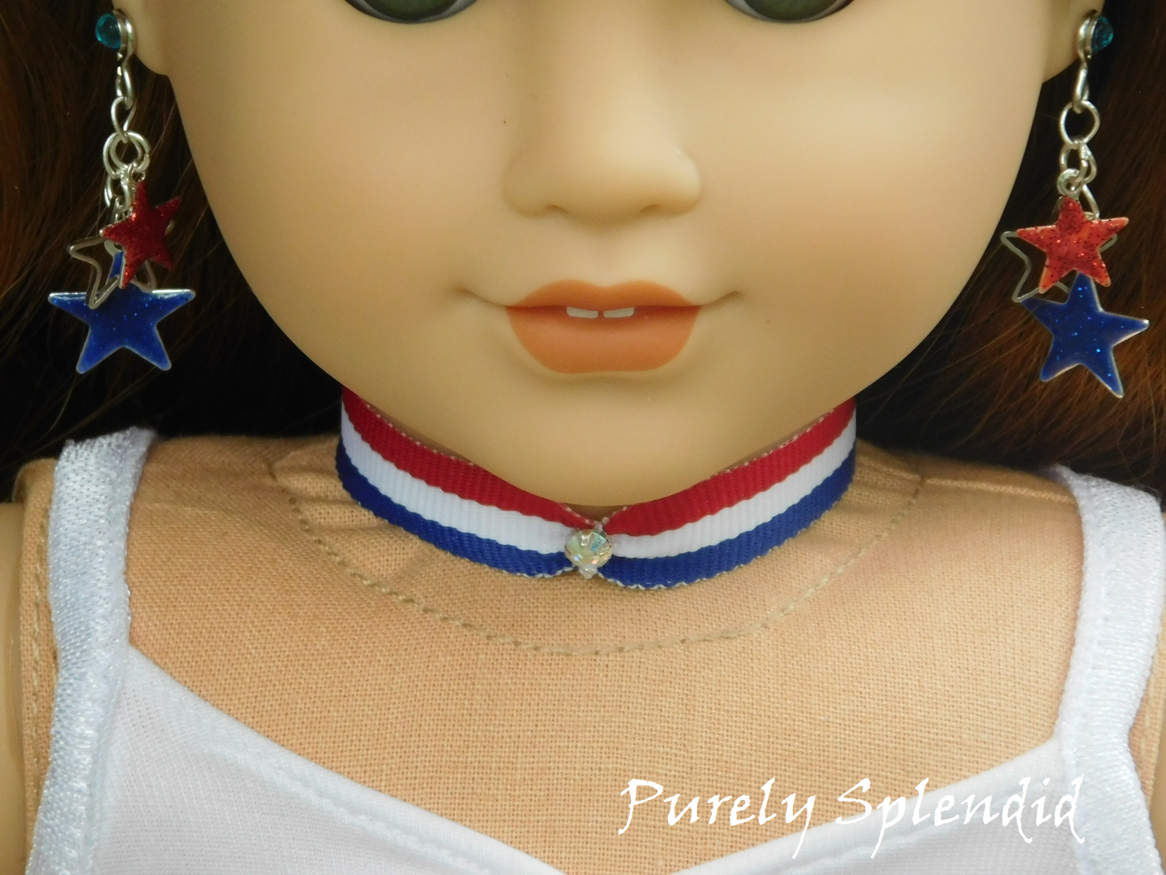18 inch doll shown wearing Red White and Blue Choker Necklace which has a sparkling center stone