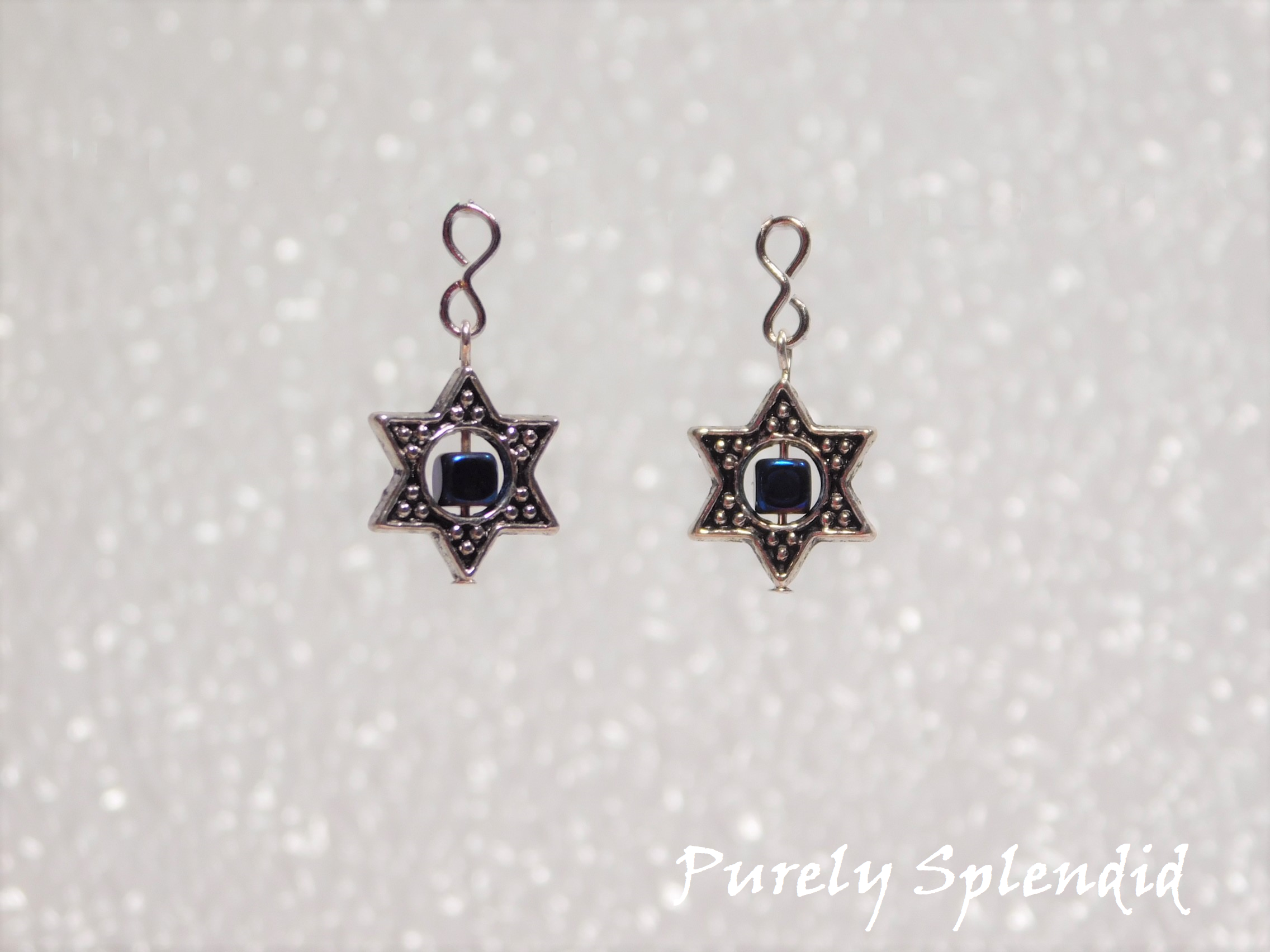 Silver Star of David Earring Dangles for dolls with blue square bead in the center