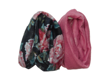 Load image into Gallery viewer, Black Floral and Rose Infinite Scarves shown on a white background
