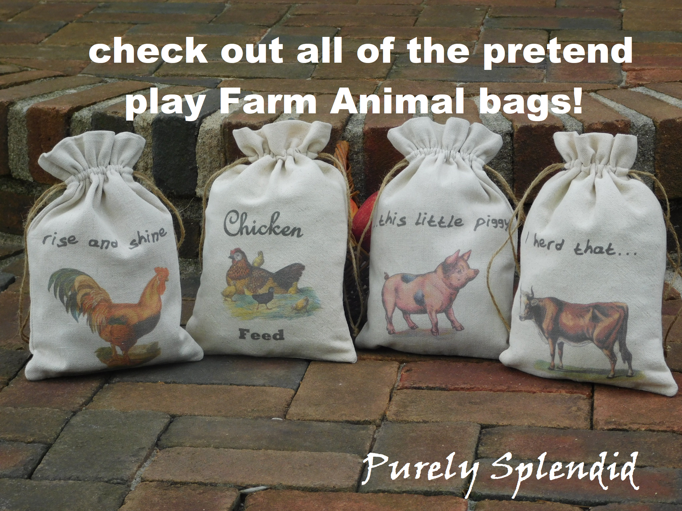 check out all of the pretend play farm animal bags, rooster, chicken, pig and cow