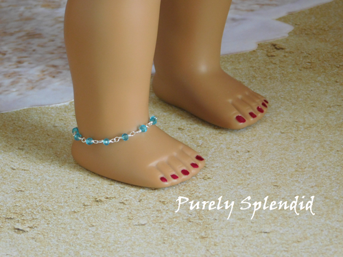 Dainty Ankle Bracelet in SkyBlue shown on an 18 inch doll who has a 4 3/8