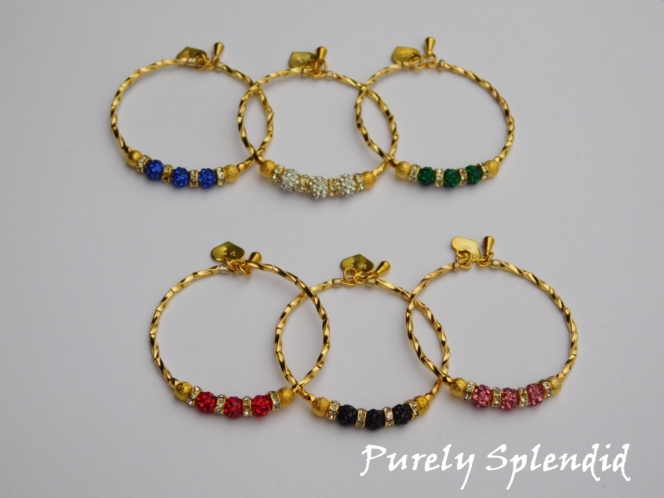 Gold base Sparkling Evening Bracelets shown in 6 color options