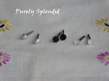 Load image into Gallery viewer, three pairs of 2mm studs pearl, black bumpy and crystal bumpy
