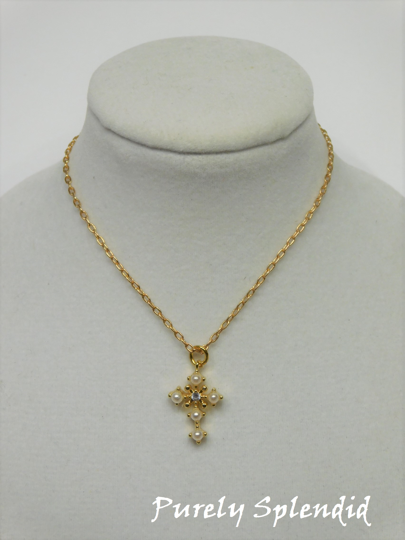 Pearl Cross Necklace on a gold chain