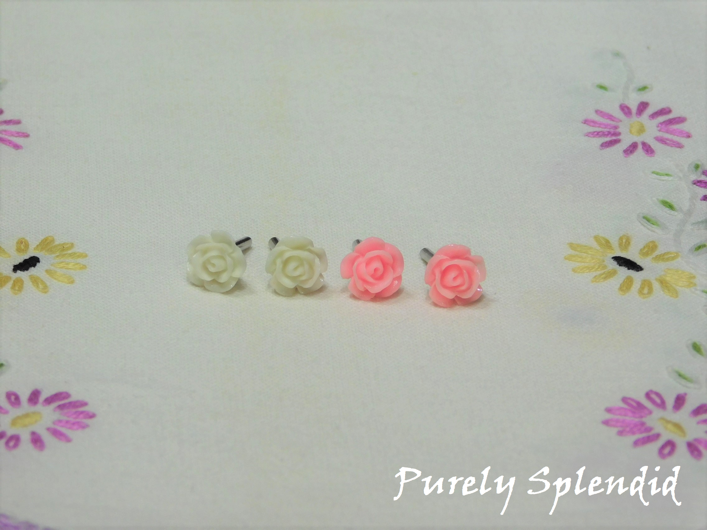 two pairs of Rose Stud Earrings white and light pink for dolls