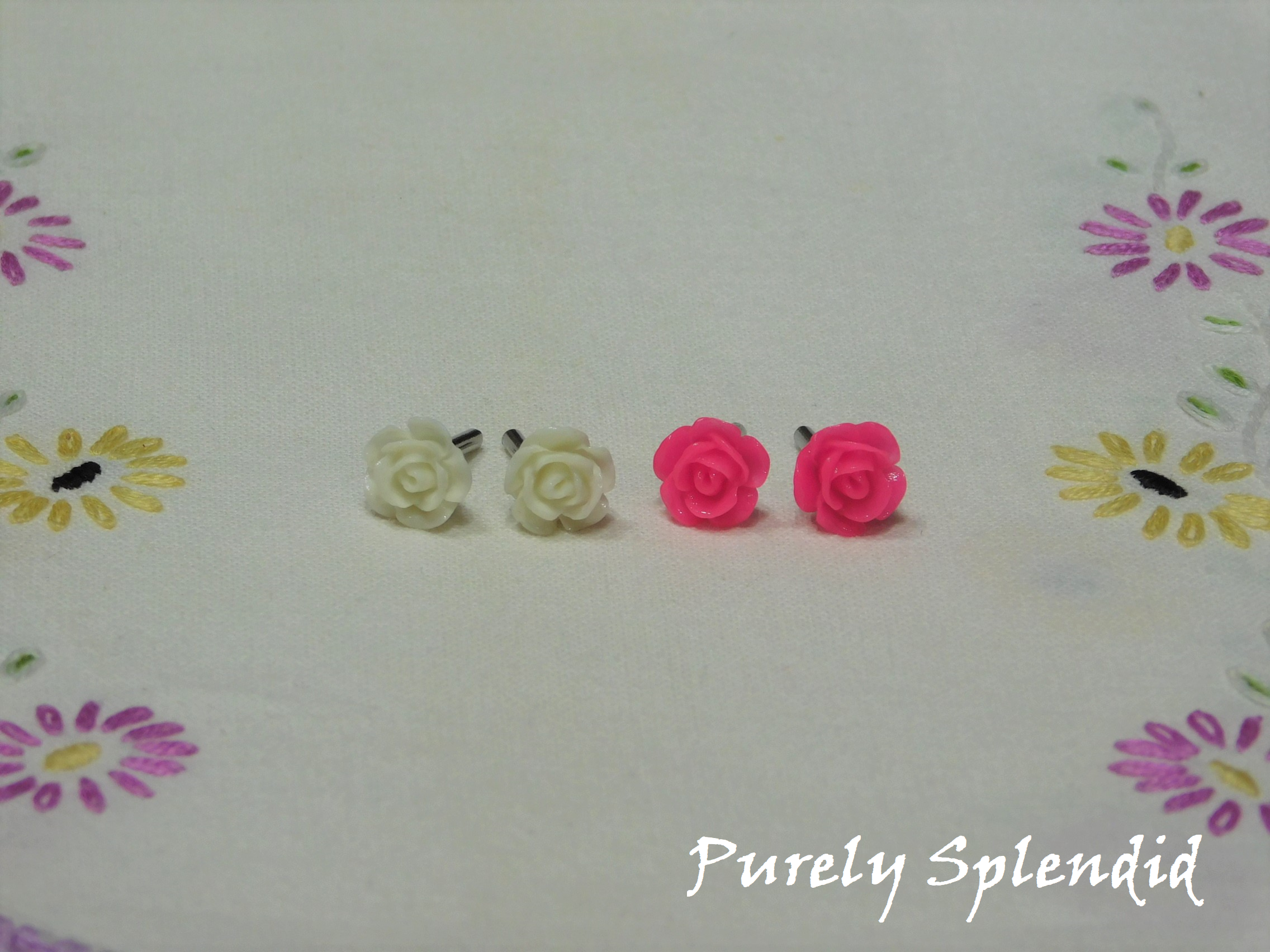 two pairs of Rose Stud Earrings White and Rose for dolls
