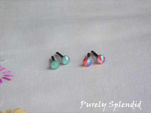 Mint Green and Tangerine Shimmer Sparkling 2mm Stud Earrings shown on a white background