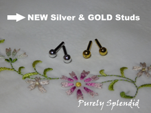 Load image into Gallery viewer, two pairs of Small Classic Colors 2mm Stud Earrings for dolls who wear these precisely sized stud earrings- shown in silver and gold

