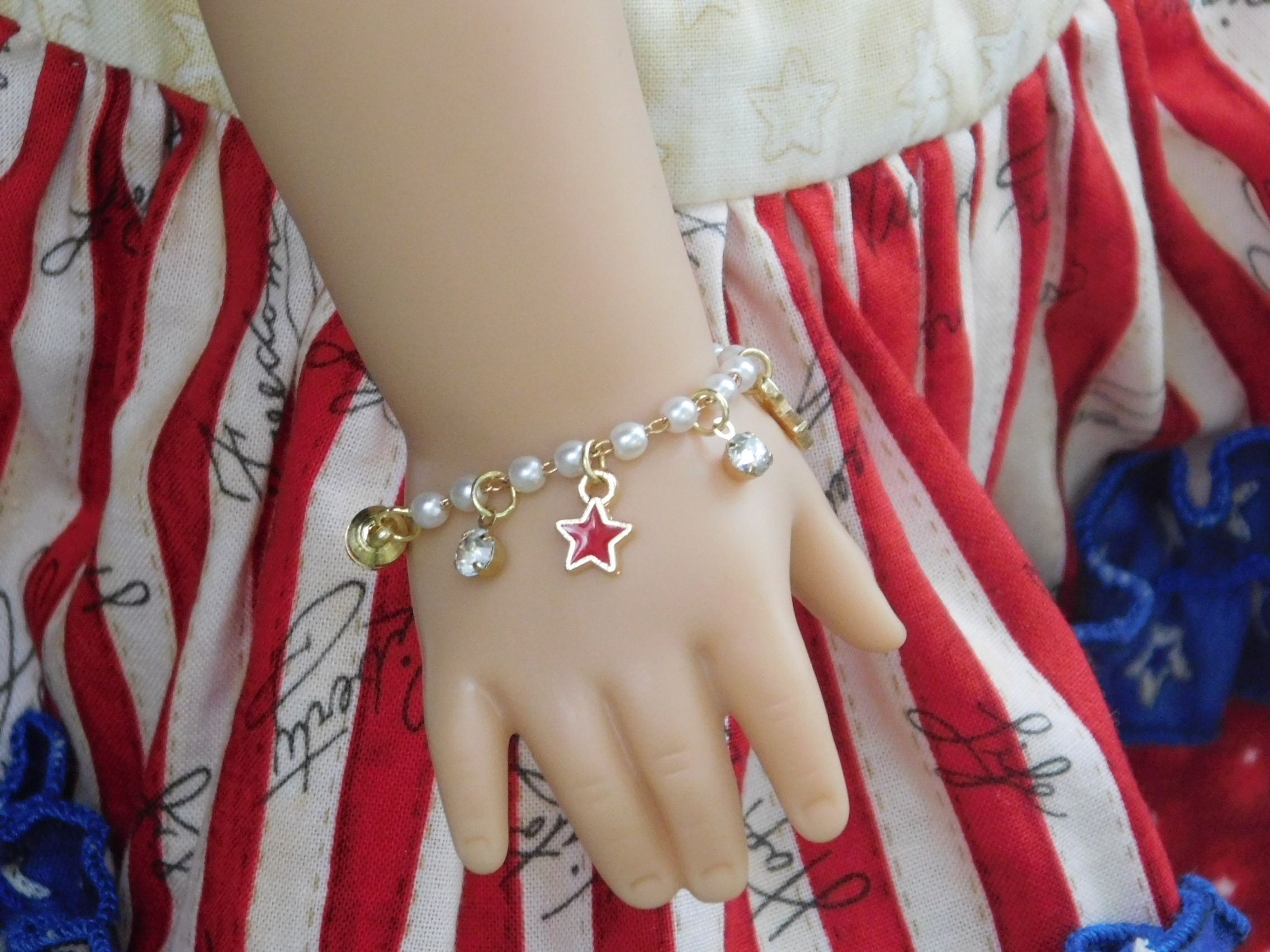 Patriotic jewelry for 18 inch dolls with red white and blue stars and stripes designs