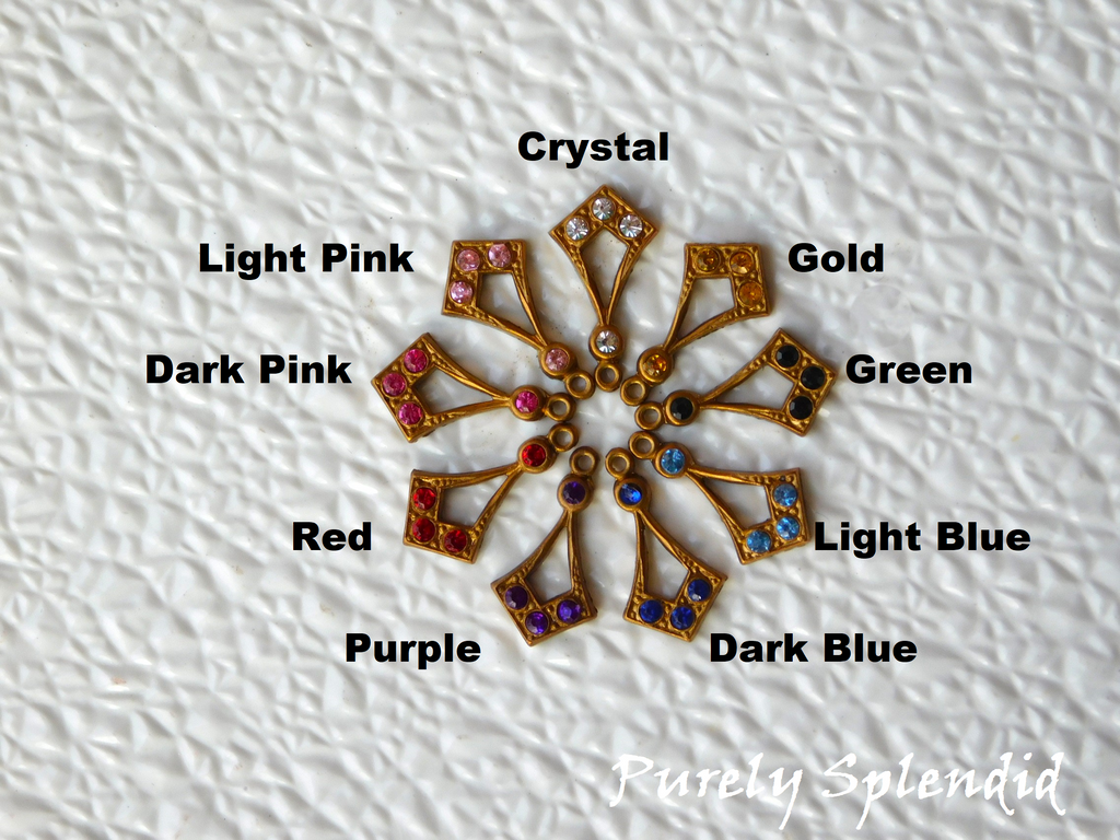 Color chart of nine colored crystal to choose from- Crystal, Gold, Green, Light Blue, Dark Blue, Purple, Red, Dark Pink and Light Pink