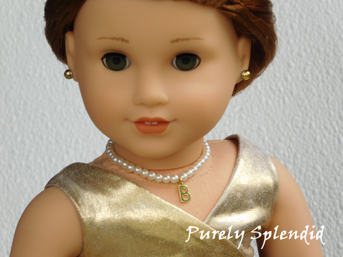 Pearl Necklace with the letter B worn by an 18 inch doll