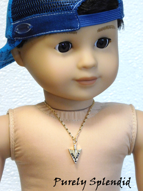 Boy doll wearing arrowhead necklace - 18 inch doll jewelry with sleek arrowhead pendant 