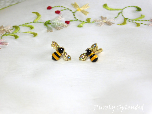 Sparkling bee stud earrings for 18 inch girl dolls with 2mm earring holes, American made | Purely Splendid
