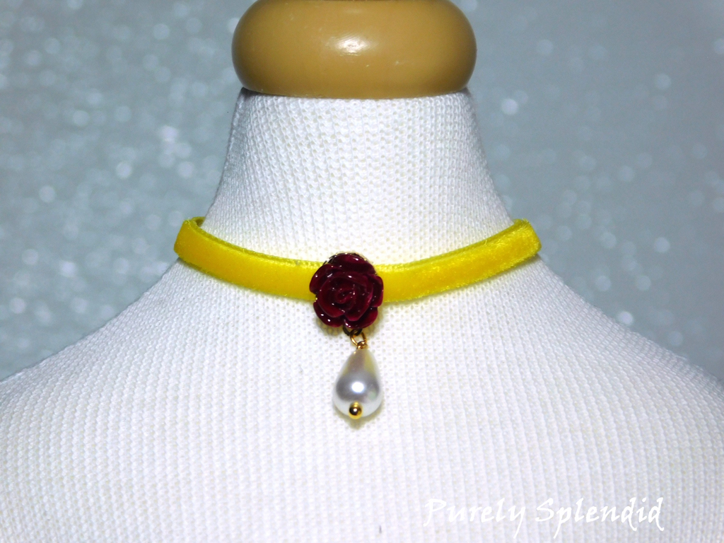 Yellow velvet choker necklace with red rose flower and pearl - 18 inch girl doll jewelry
