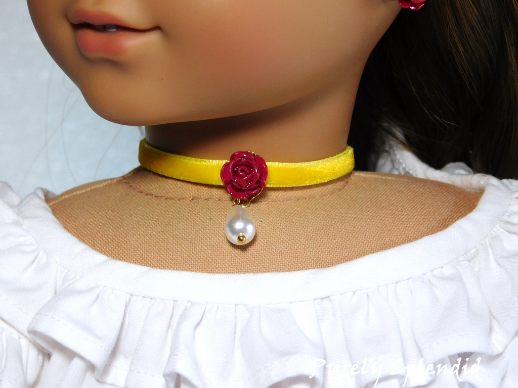 Belle Choker with red rose and white pearl on yellow velvet for 18 inch girl dolls - American made | Purely Splendid
