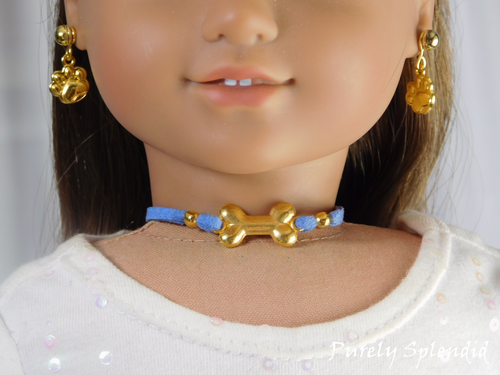 Gold Bone Choker Necklace with blue worn by an 18 inch girl doll American made / Purely Splendid