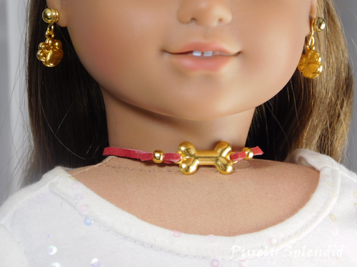 Gold Bone Choker Necklace with rust worn by an 18 inch girl doll American made / Purely Splendid