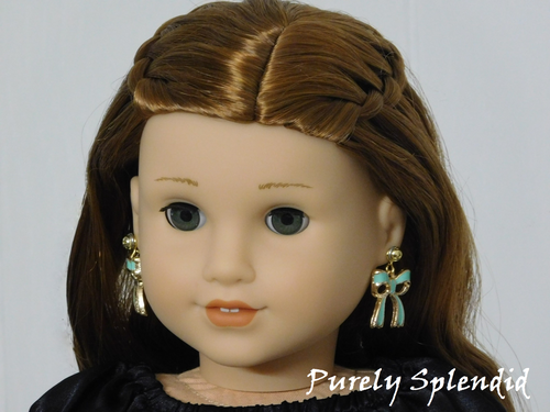 American made bow earrings for 18 inch girl doll in sea green with gold studs | Purely Splendid