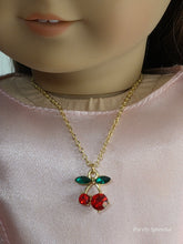 Load image into Gallery viewer, Sparkling Cherry Necklace worn by an 18 inch doll
