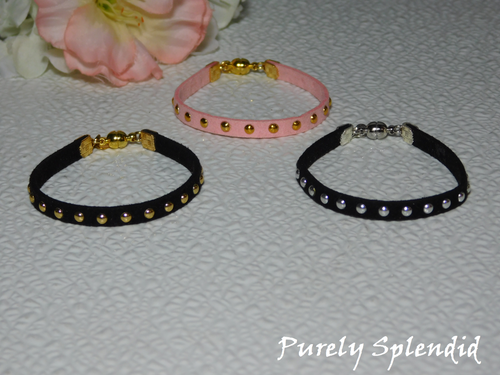  Studded choker necklaces for 18 inch girl dolls - black and pink suede with gold or silver studs American made / Purely Splendid
