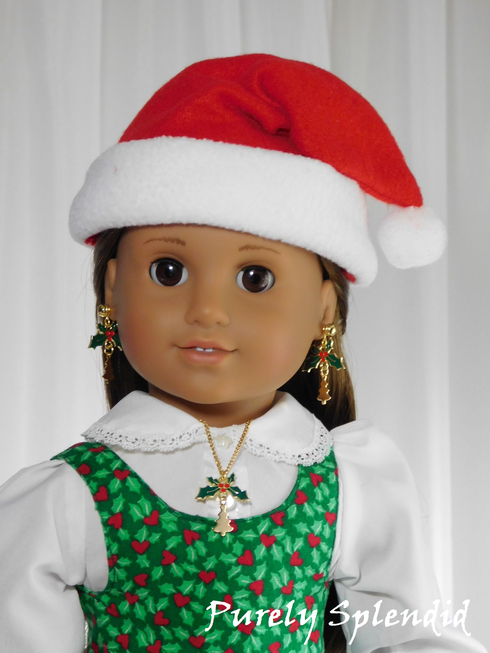 Sprig of Holly with golden Christmas Tree hanging - doll earrings and matching necklace