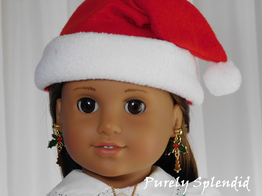 Doll earrings - sprig of holly with a golden Christmas Tree hanging 