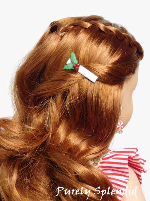 Holly and berries hair clip worn by 18 inch girl doll
