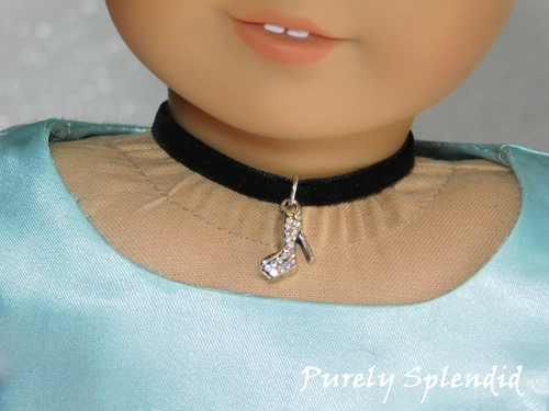 Cinderella choker necklace for 18 inch girl dolls - glass slipper charm on black ribbon with magnetic clasp American made / Purely Splendid