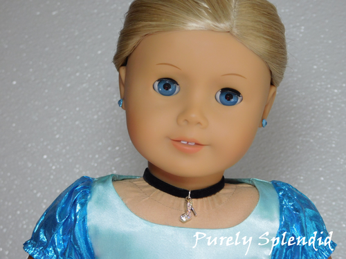 18 inch girl doll wearing Cinderella choker - platinum plated cubic zirconia glass slipper necklace 