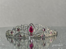 Load image into Gallery viewer, Silver filigree crown with sparkling pink crystals

