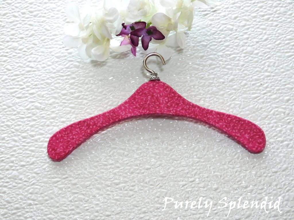 Dark pink floral fabric covered hanger for 18 inch girl doll American made | Purely Splendid
