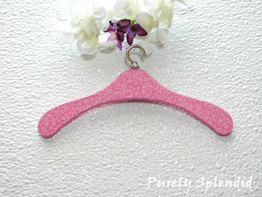 Light pink floral fabric covered hanger for 18 inch girl doll American made | Purely Splendid
