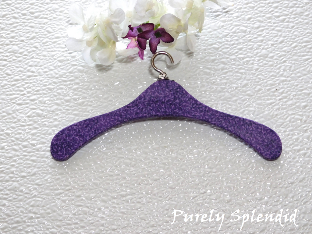 Purple floral fabric covered hanger for 18 inch girl doll American made | Purely Splendid
