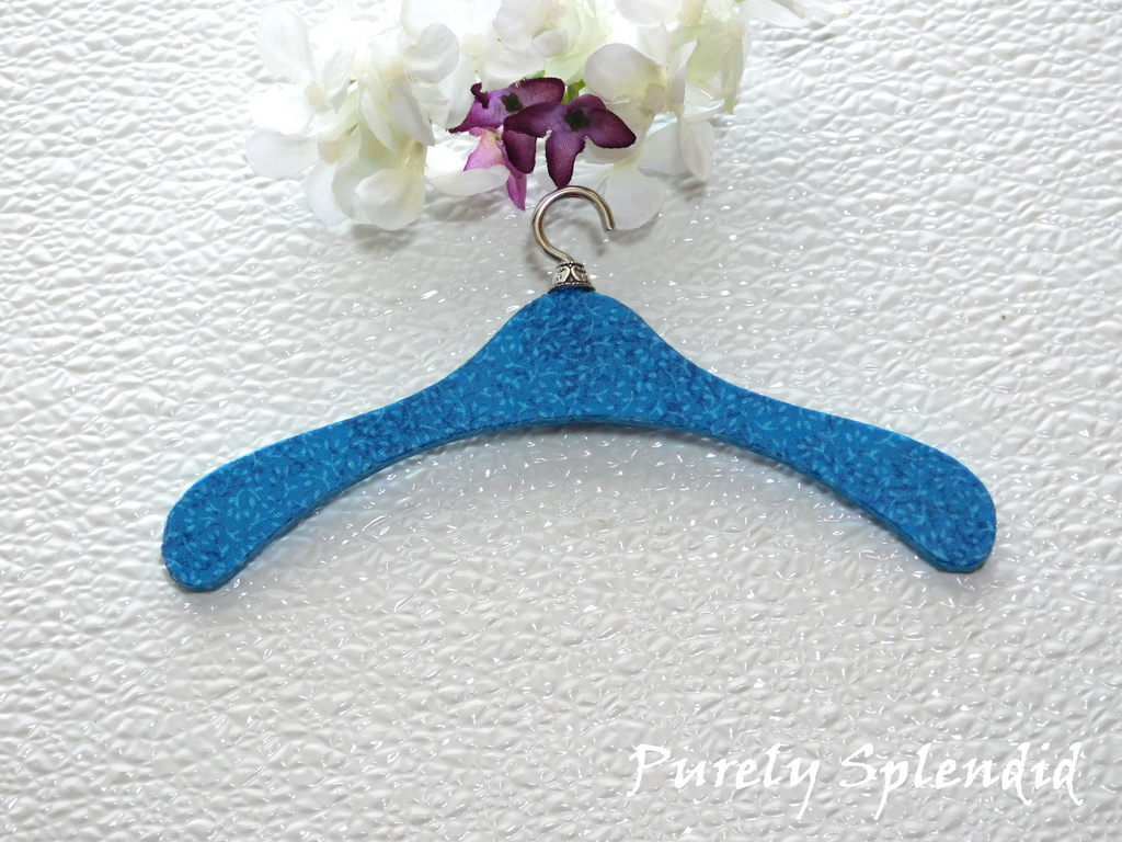 Turquoise floral fabric covered hanger for 18 inch girl doll American made | Purely Splendid
