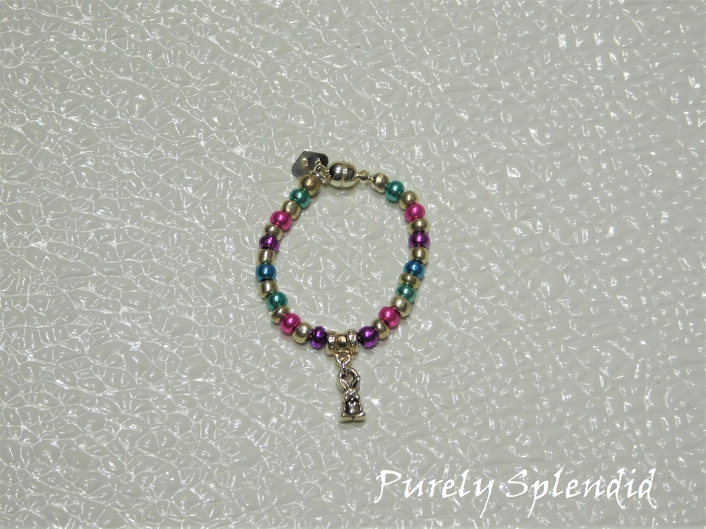 Colorful Easter Bunny Bracelet - metallic beaded bracelet with silver Easter bunny charm closeup