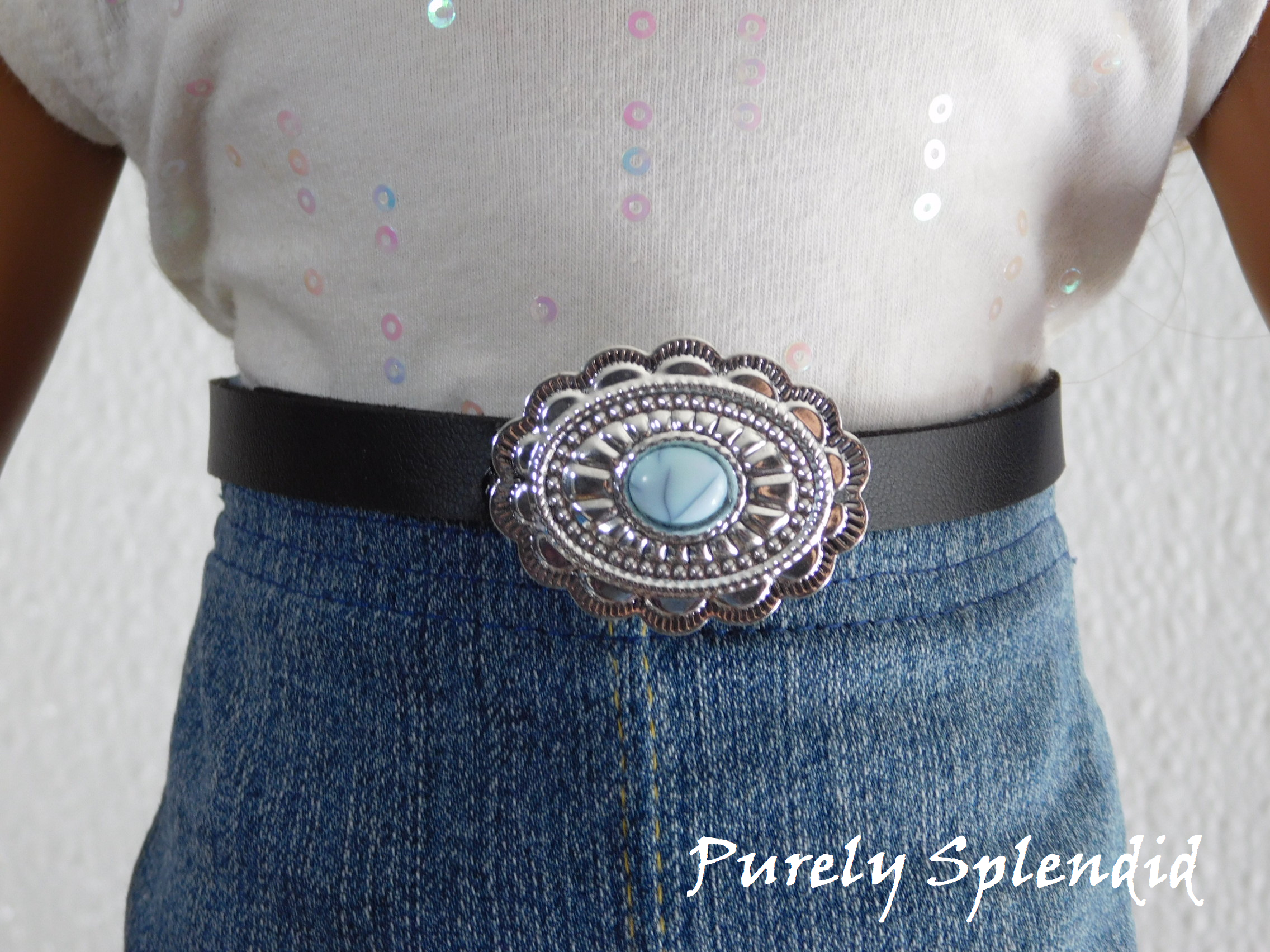 Black Concho Belt worn by an 18 inch doll