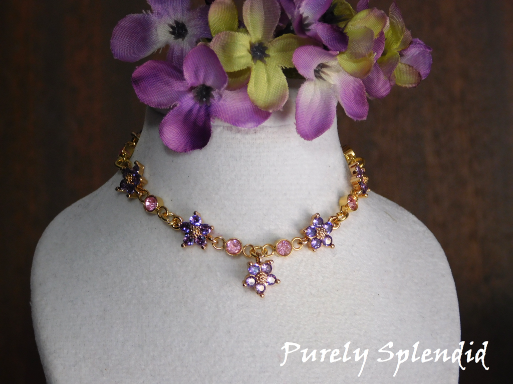 Create Your Own Sparkling Flower Necklace with Purple Flowers and Light Pink Crystals