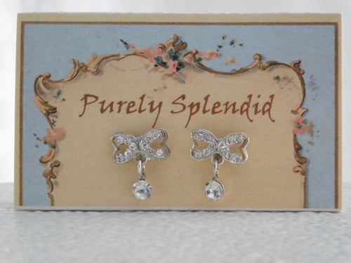 Crystal bow stud earrings with sparkling dangle for 18 inch girl doll American made | Purely Splendid
