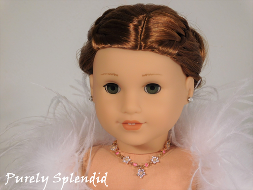 18 inch girl doll shown wearing a dark pink and crystal flower Create Your Own Sparkling Flower Necklace / Purely Splendid
