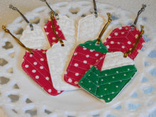 Load image into Gallery viewer, quilted gift tags in green with white dots, red with white dots and a white on white floral. Gold or silver hanging loop
