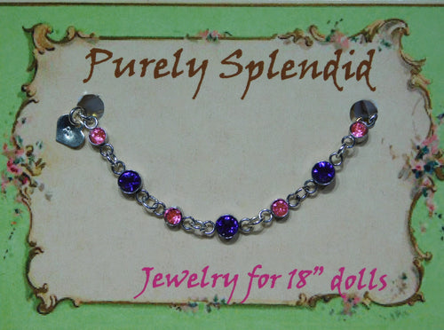 Custom silver bracelet with dark pink and dark blue crystals for 18 inch girl dolls American made
