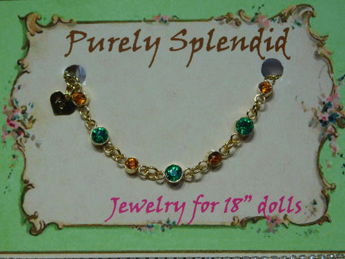 Custom gold bracelet with orange and green crystals for 18 inch girl dolls American made

