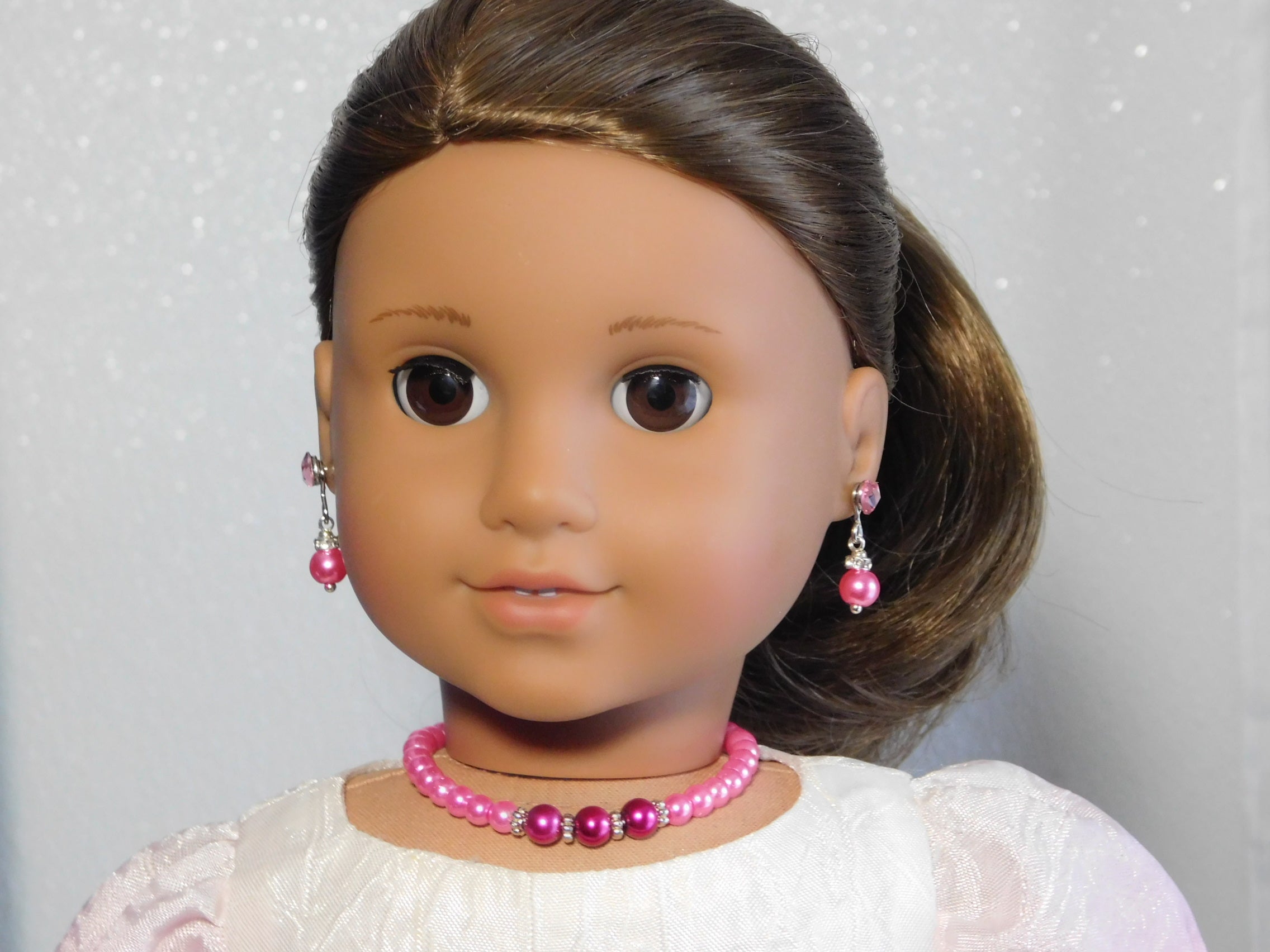 18 inch doll wearing a Bold Pink Pearl Necklace