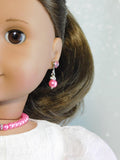 18 inch doll wearing sparkling pearl earrings with crystal studs - American made doll jewelry

