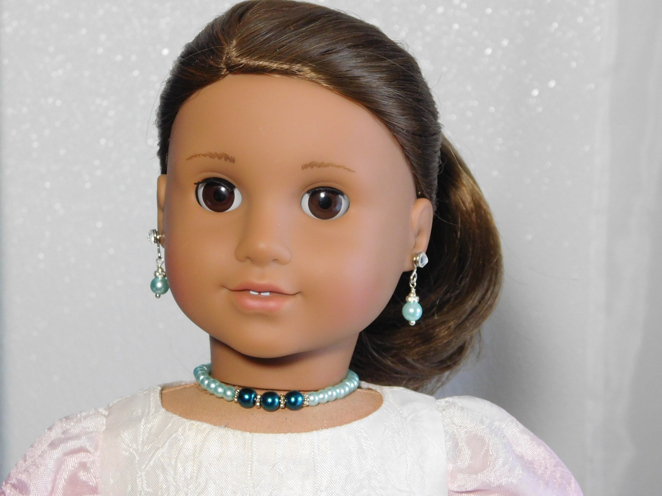 Teal bold pearl necklace on 18 inch doll - chunky colorful pearl jewelry American made