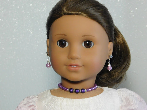 18 inch girl doll wearing bold purple pearl necklace - American made chunky pearl jewelry / Purely Splendid