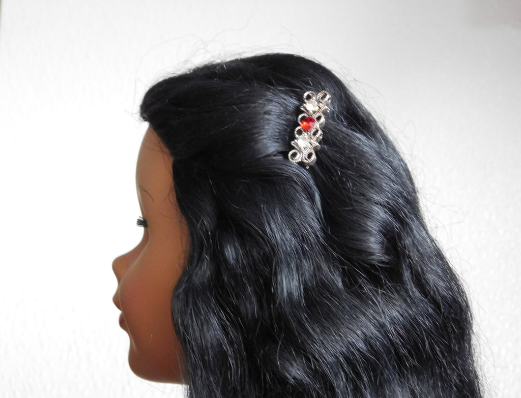 Sparkling silver hair comb worn by 18 inch girl doll, set of 2
