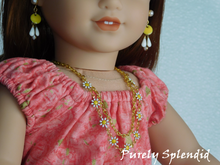 Load image into Gallery viewer, Pretty Daisy Necklace and Daisy Drop Earrings worn by an 18 inch doll
