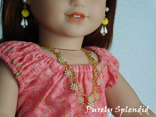 Pretty Daisy Necklace and Daisy Drop Earrings worn by an 18 inch doll