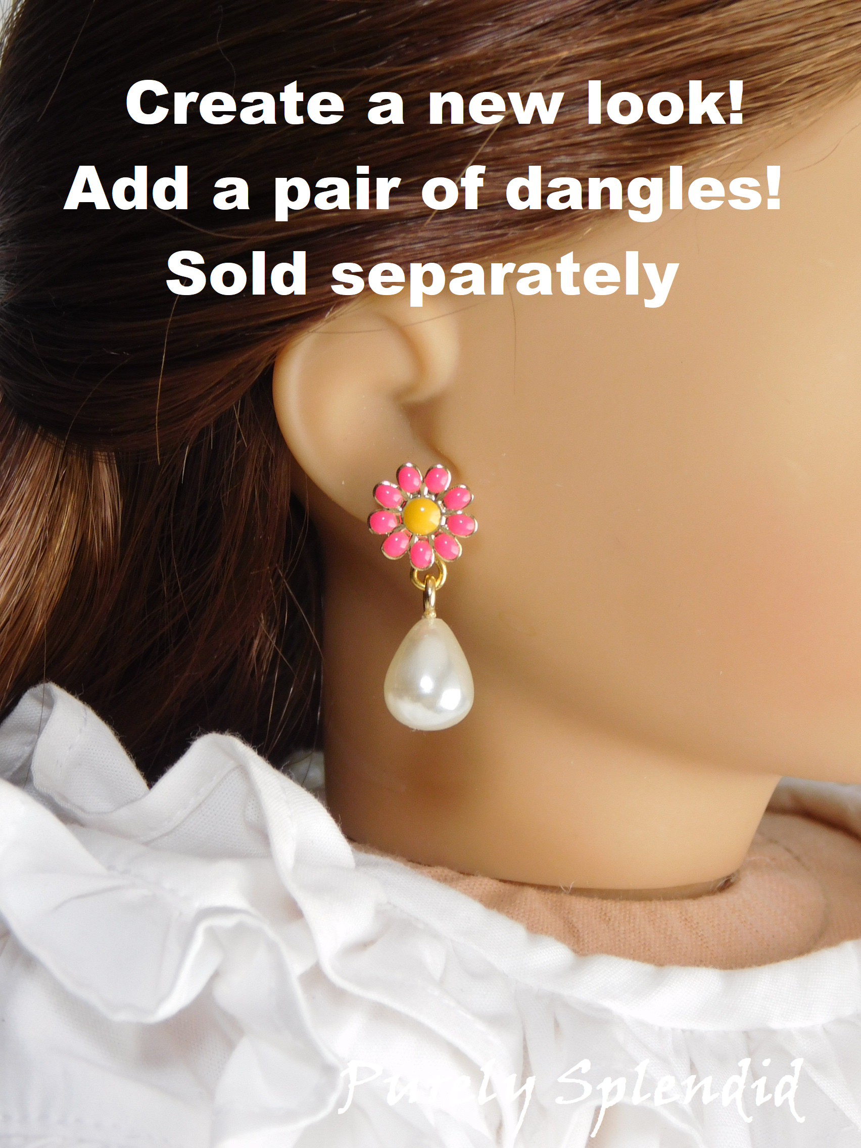 18 inch girl doll wearing pink daisy 2mm studs paired with pearl drop earring dangles American made | Purely Splendid
